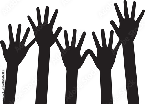 Silhouettes of five raised hands reaching upward, symbolizing unity and participation.