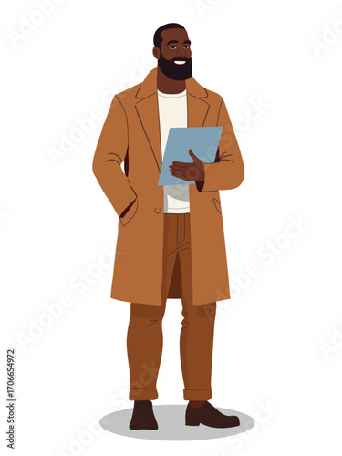Smiling Black Man in Overcoat Holding Documents