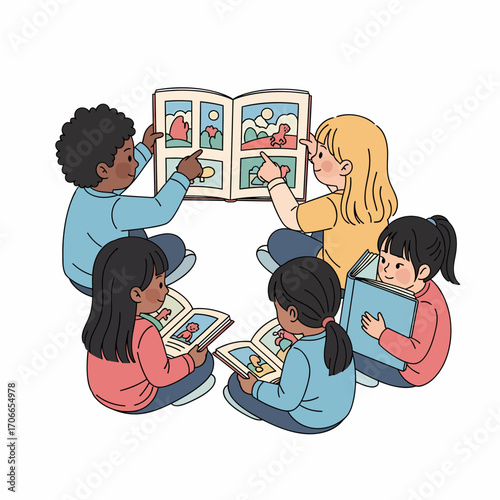A diverse group of young children sitting in a circle on the floor, happily reading and sharing picture books together.