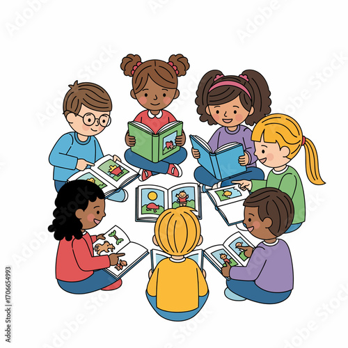A diverse group of young children sitting in a circle, happily reading books together during a story time or learning activity.