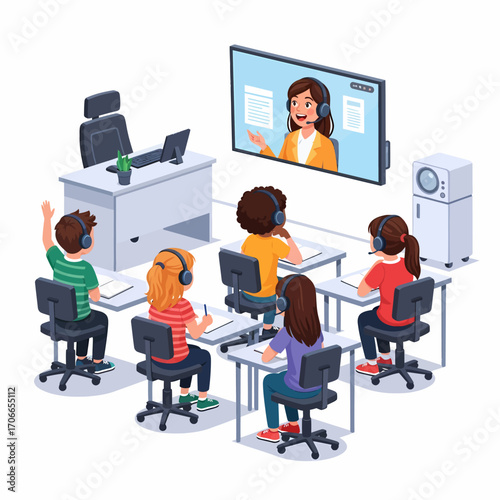 Children in a modern classroom setting attending an online virtual lesson with a teacher on a large screen, one student raising a hand.