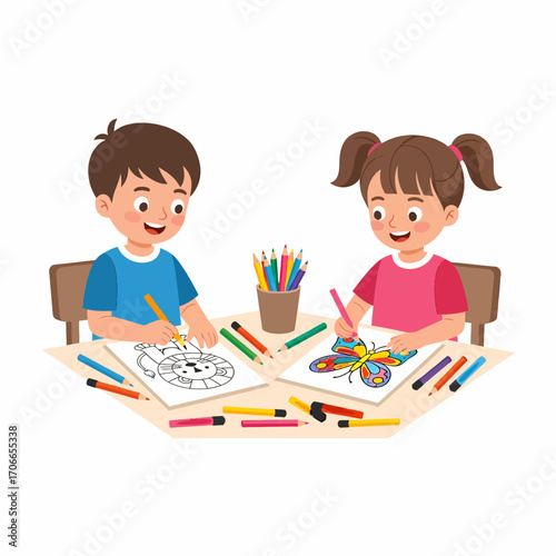 Two young children, a boy and a girl, happily drawing and coloring pictures of a lion and a butterfly at a table.
