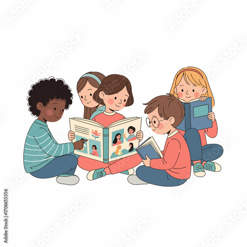 Illustration of five diverse children sitting together, engrossed in reading books, fostering a love for learning.