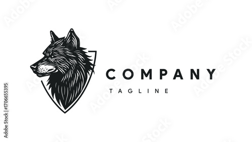 Black vector art  hand drawn illustration of a wolf head and shield logo design