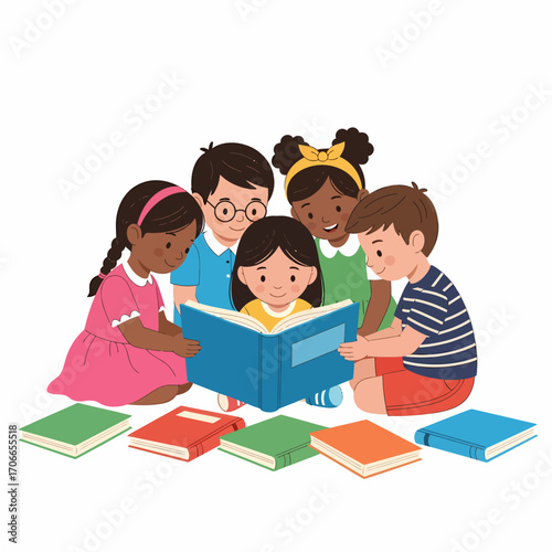 A diverse group of multicultural children happily gathered together, reading a large storybook on the floor.