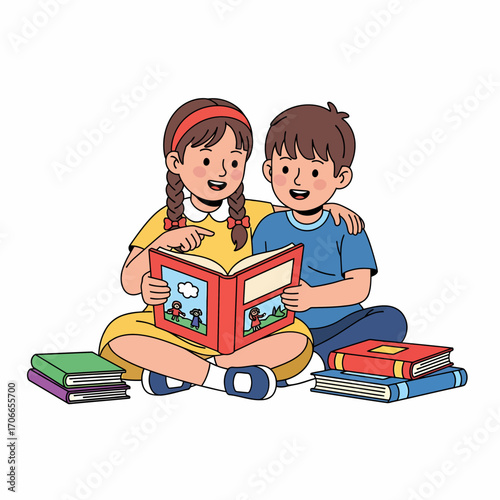 A young boy and girl sit together on the floor, happily reading a picture book surrounded by stacks of books.