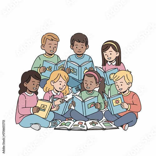 A diverse group of young children sitting in a circle on the floor, happily reading various books together.