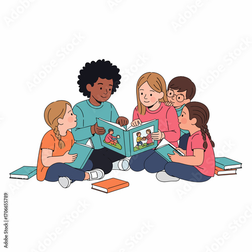 A diverse group of young children sit together on the floor, happily sharing and reading a picture book.