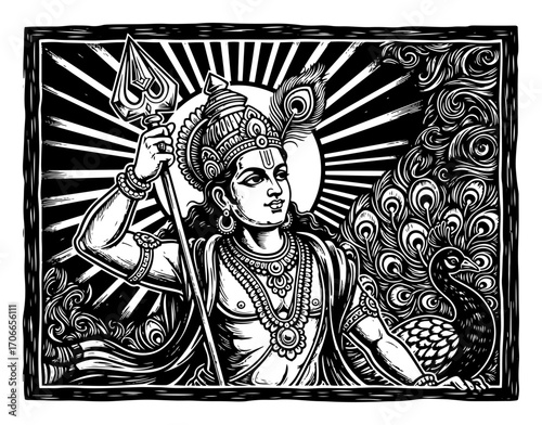 Hindu God Murugan with a Divine Spear and Peacock