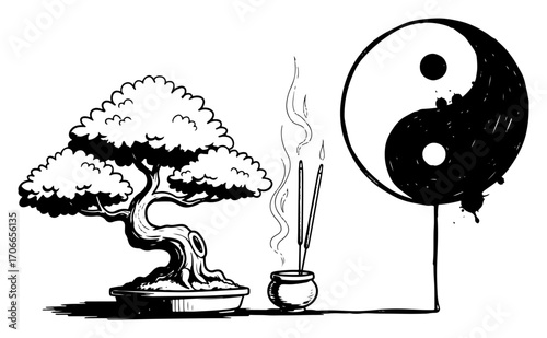 Zen Garden Composition with Bonsai Tree and Yin Yang