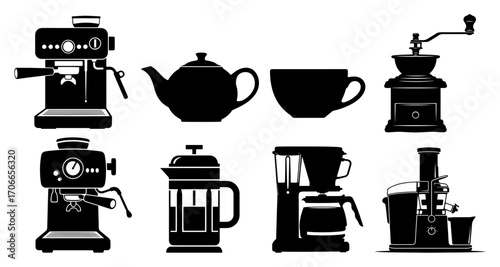 Coffee and Tea Making Equipment Icon Set Black Shape Vector Laser Cutting Engraving Monochrome Print
