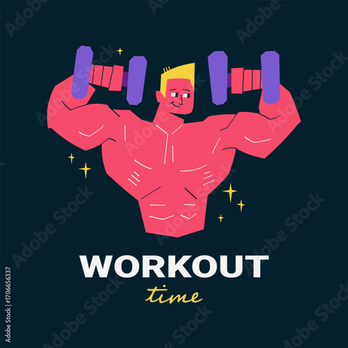 Vector poster of a muscular man lifting dumbbells with workout time lettering. Bright fitness illustration for gym promotion, bodybuilding motivation, sport banners and healthy lifestyle design