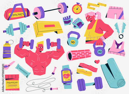 Vector illustration set with fitness people, dumbbells, kettlebells, barbell, sport bag, protein, stopwatch, roller, gloves, smartwatch and gym accessories on light background