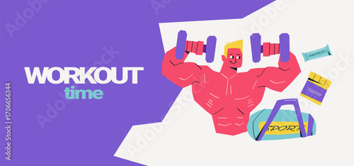 Vector banner with strong man lifting dumbbells, gym bag and protein supplements. Modern fitness illustration for workout posters, sport advertising, healthy lifestyle and bodybuilding design