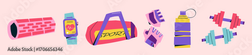 Colorful vector illustration of fitness inventory set with dumbbells, sport bag, water bottle, gloves, smartwatch and roller on light background