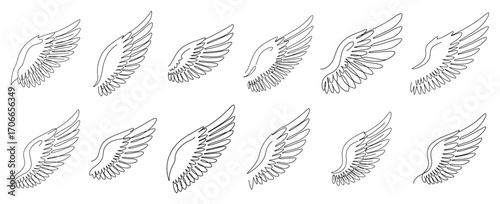 Angel Wings One Line Art Drawing Collection black shape vector laser cutting engraving monochrome print