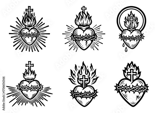 Sacred Heart of Jesus Christian Religious Set black shape vector laser cutting engraving monochrome print