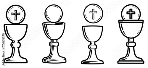 Christian Eucharist Chalice and Host Icon Set black shape vector laser cutting engraving monochrome print