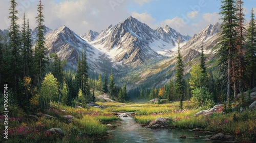 Mountain valley landscape painting