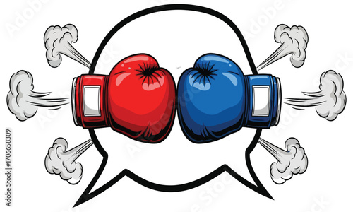 Boxing gloves face off inside speech bubble symbolizing debate or conflict