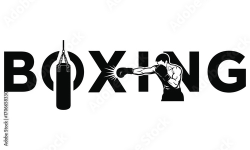 Dynamic boxing word art featuring punching bag and boxer silhouette.