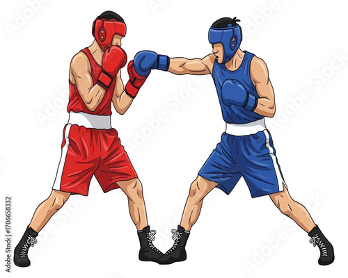 Two boxers in intense action throwing punches during a competitive match fight.