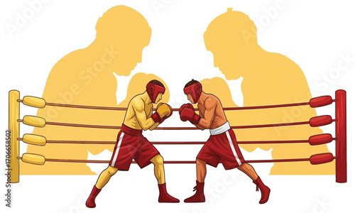 Two boxers intensely facing each other in a boxing ring with crowd silhouettes.