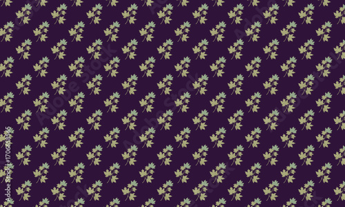 Intricate floral pattern fabric design repeating motifs rich purple and gold texture.