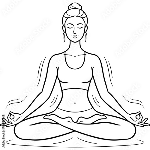 Woman meditating in a serene lotus position with hands in mudra, promoting mindfulness and inner peace through yoga