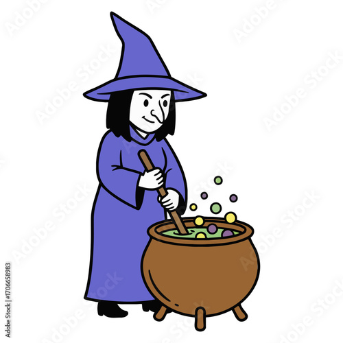 Cartoon Witch stirring a bubbling potion in a cauldron, magical brewing illustration