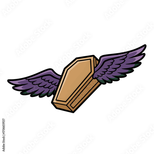 Whimsical cartoon illustration of a flying wooden coffin with vibrant purple wings, representing themes of death, the afterlife, or a supernatural journey