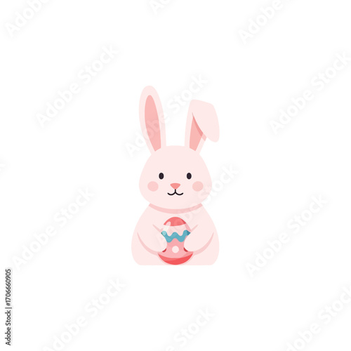 Simple modern flat Easter bunny holding a painted egg on white background