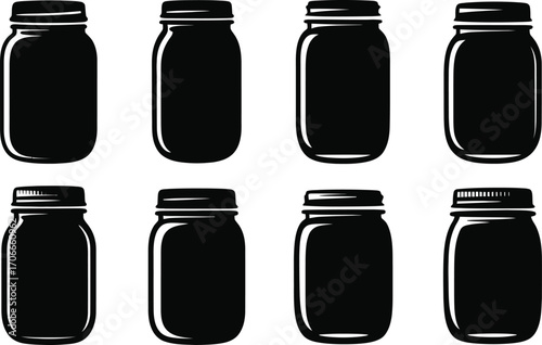 Collection of Black Silhouette Mason Jars on White Background