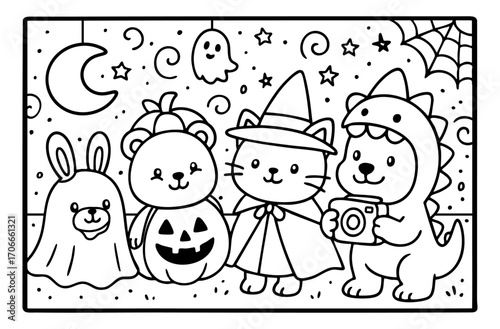 illustration of cute animals at the Halloween party. Vector coloring book