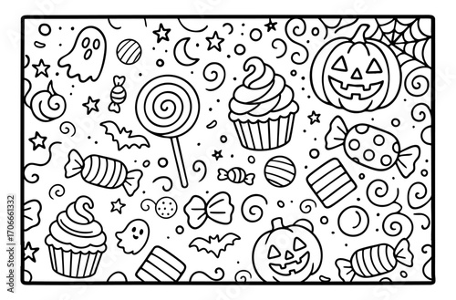 illustration for coloring halloween sweets coloring book  cute in vector