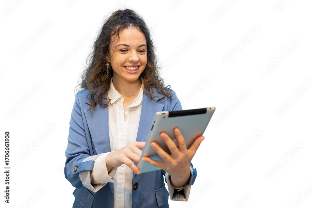 Fototapeta premium Businesswoman smiling confidently while using a digital tablet, showcasing her professionalism and connection in a modern office setting