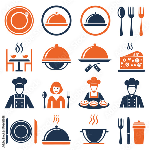 Collection of flat icons representing food service restaurant dining and culinary professions
