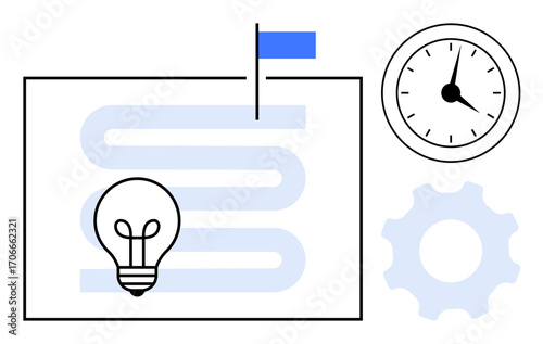 Lightbulb representing ideas, gear for processes, flag for goals, clock for time, and abstract lines for workflow. Ideal for strategy, innovation, goal setting, teamwork time management planning