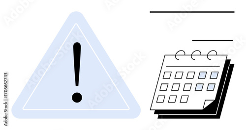 Large caution sign with exclamation mark next to a spiral calendar. Ideal for schedule management, deadline tracking, task planning, event reminders, alert notifications, safety awareness, simple