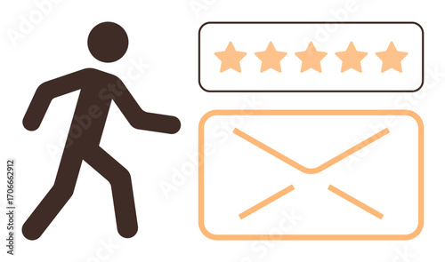 Silhouette of a walking person heading toward a five-star rating and envelope, symbolizing feedback and communication. Ideal for customer service, ratings, reviews, feedback sharing, email marketing