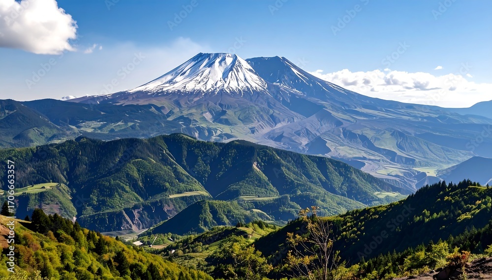 Fototapeta premium Mountain range with snow-capped volcano