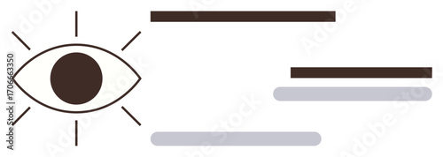 Eye surrounded by lines alongside horizontal bars symbolizing focus, insight, analysis, precision, awareness, clarity. Ideal for vision, data, creativity learning perception communication