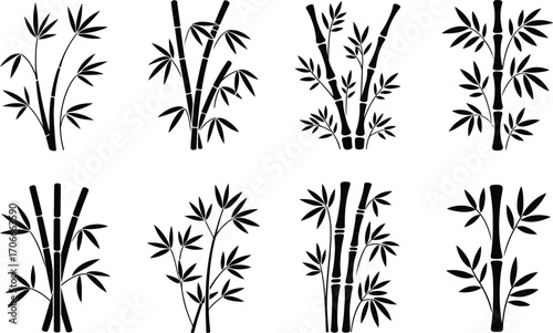 Collection of Black Bamboo Stalks and Leaves Silhouettes