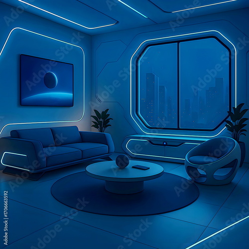 Futuristic comfortable dust and soundproof living room decorated with furniture adjust the ambiance with moods.