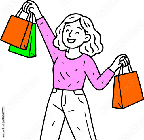 Flat vector design ilustration happy woman jump with shopping bags