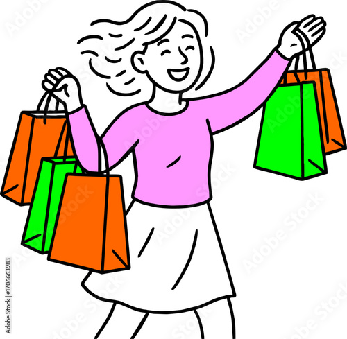 Flat vector design ilustration happy woman jump with shopping bags