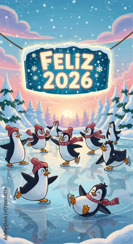 Happy new year 2026 9:16 feliz year penguins ice skating winter wonderland happy holiday season new year celebration seasonal greeting card vector