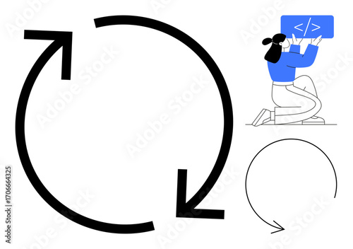 Large circular arrows symbolizing repetition, woman kneeling holding coding board. Ideal for iteration, coding, development, process improvement, software updates, project management, simple landing