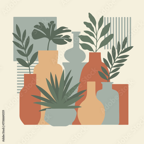 Abstract Still Life Illustration of Potted Plants in Vases with Muted Earthy Tones