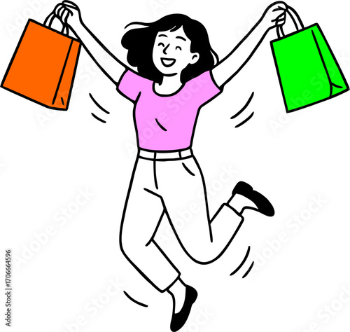 Flat vector design ilustration happy woman jump with shopping bags